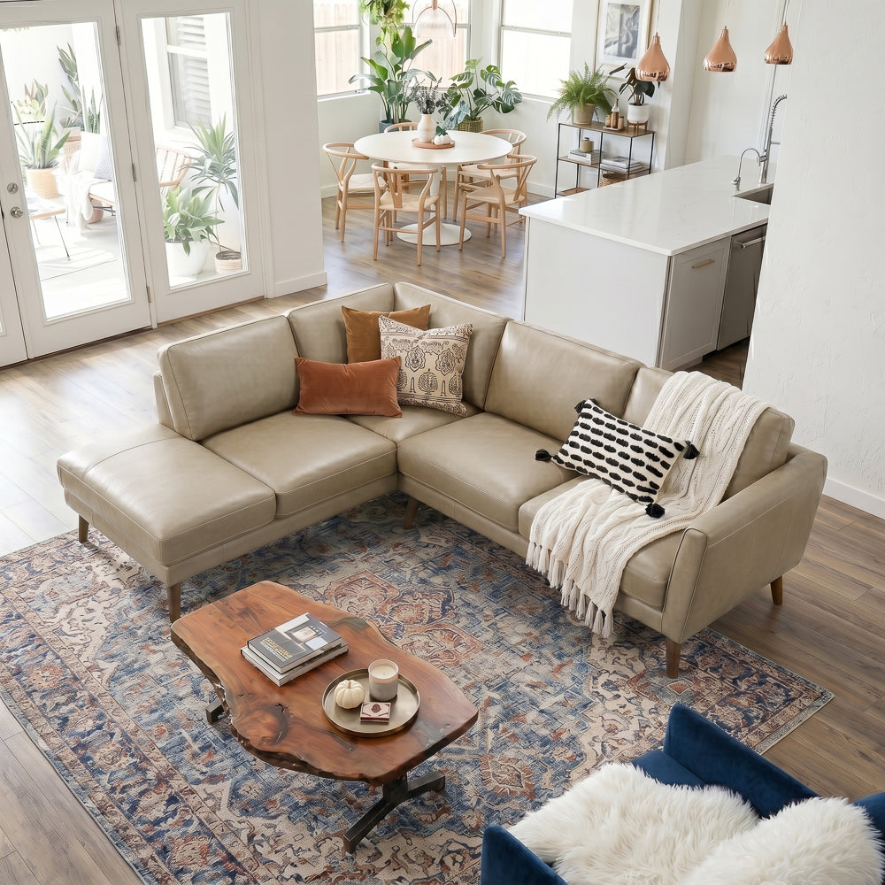 Bexley Beige Leather Sectional Sofa Left Facing Chaise