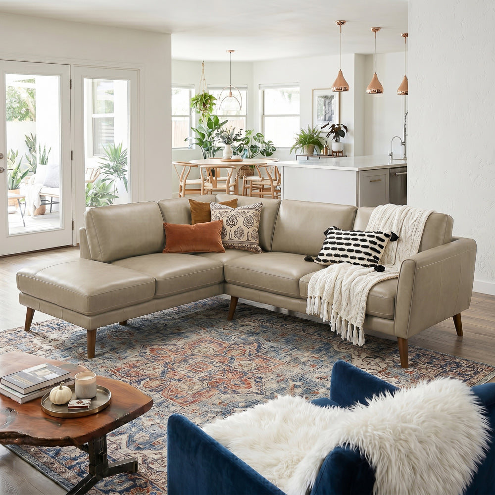 Bexley Beige Leather Sectional Sofa Left Facing Chaise