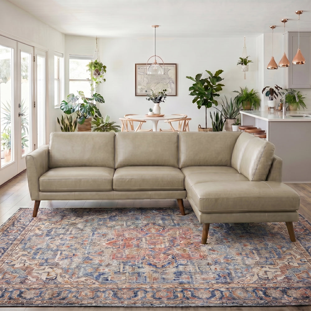 Bexley Beige Leather Sectional Sofa Right Facing Chaise
