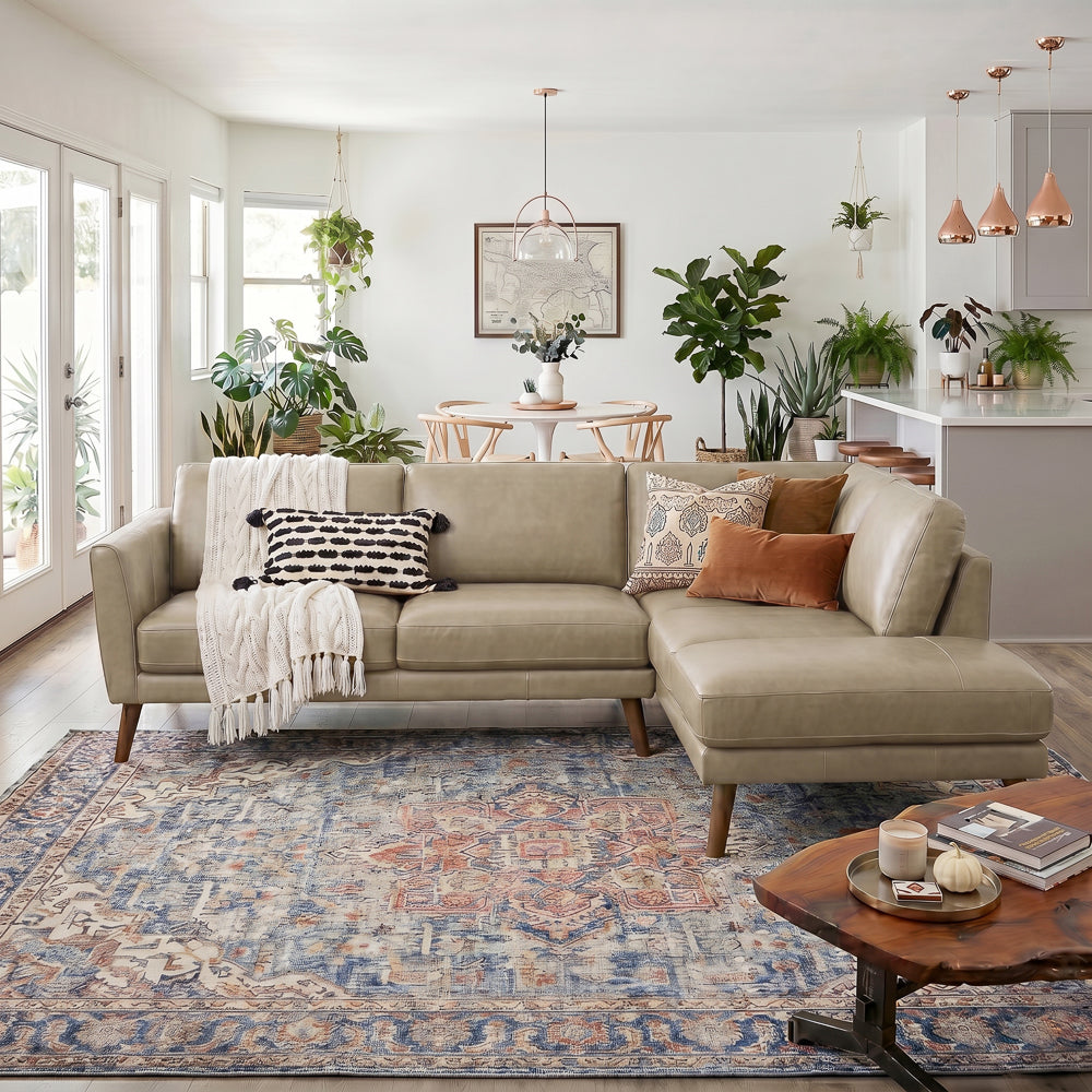 Bexley Beige Leather Sectional Sofa Right Facing Chaise
