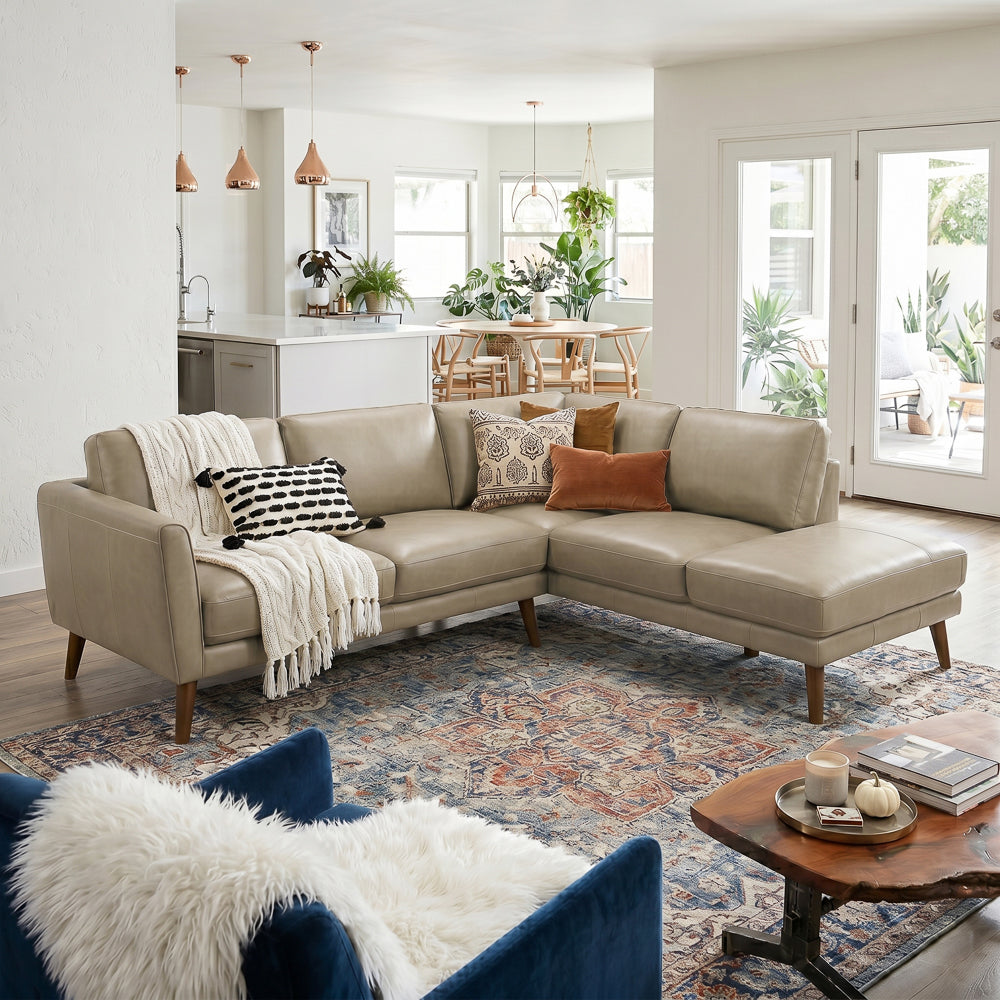 Bexley Beige Leather Sectional Sofa Right Facing Chaise