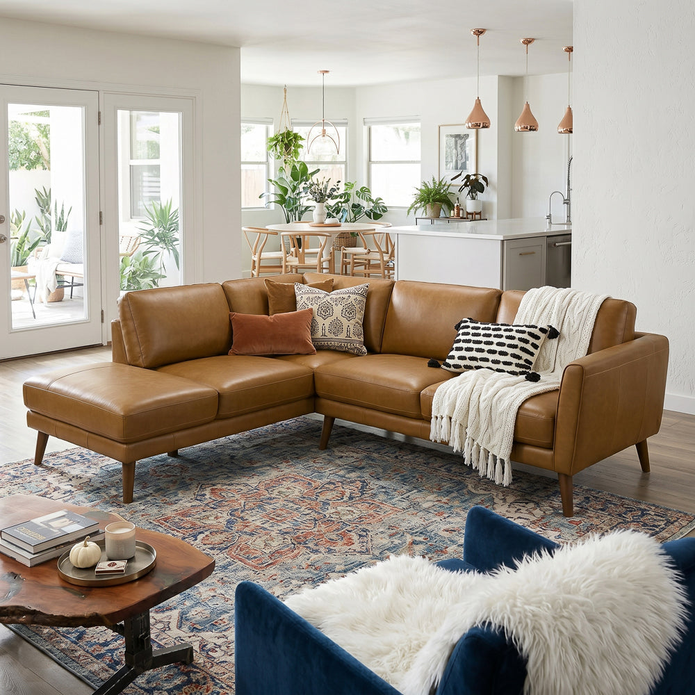 Bexley Tan Leather Sectional Sofa Left Facing Chaise