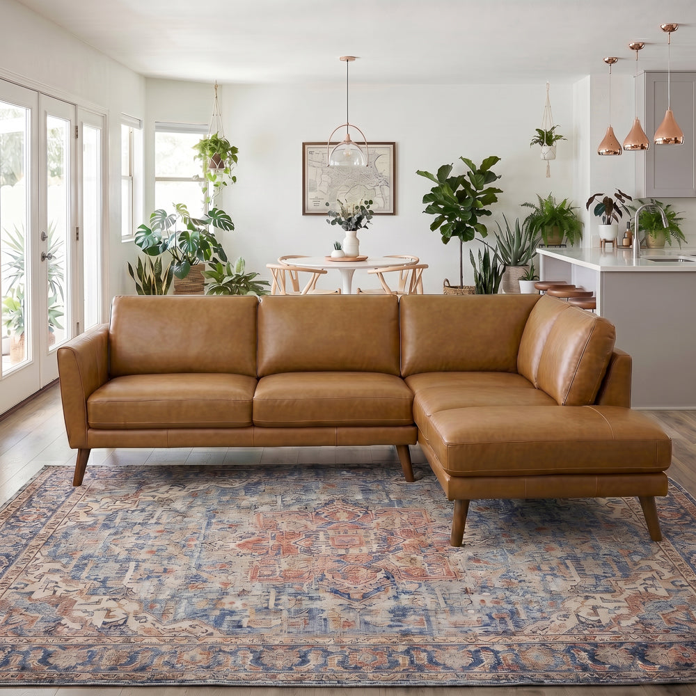 Bexley Tan Leather Sectional Sofa Right Facing Chaise