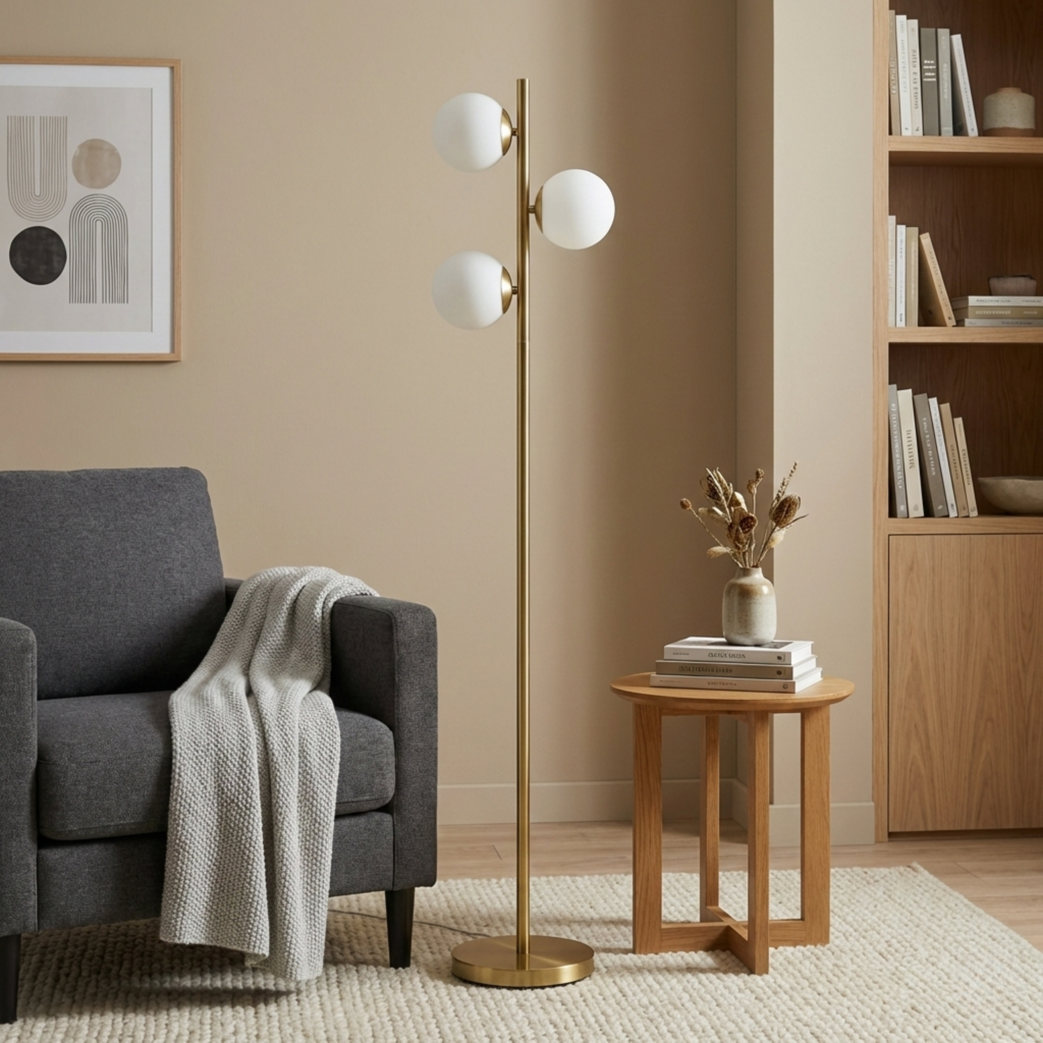 Brilliance Modern Gold Brush Floor Lamp, Opal Glass Shades and Round Metal Base
