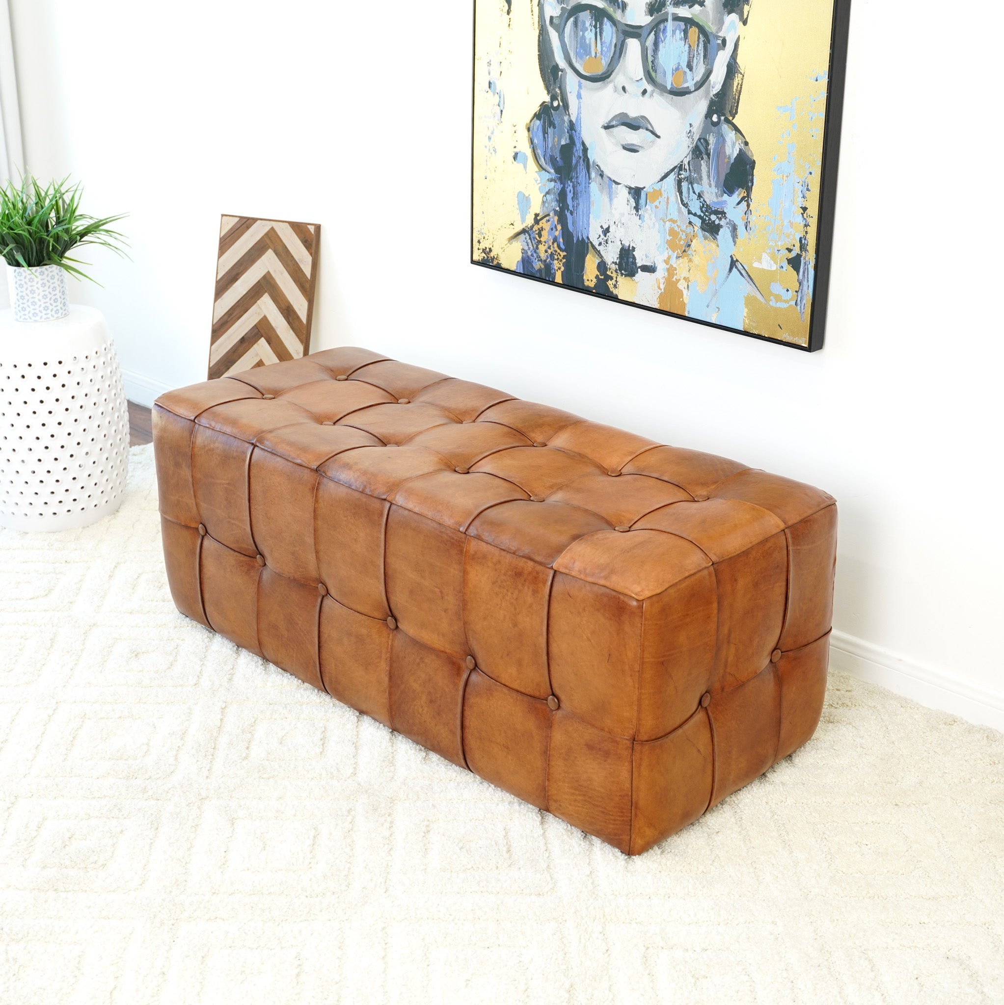 Bunta Tan Genuine Leather Tufted Bench