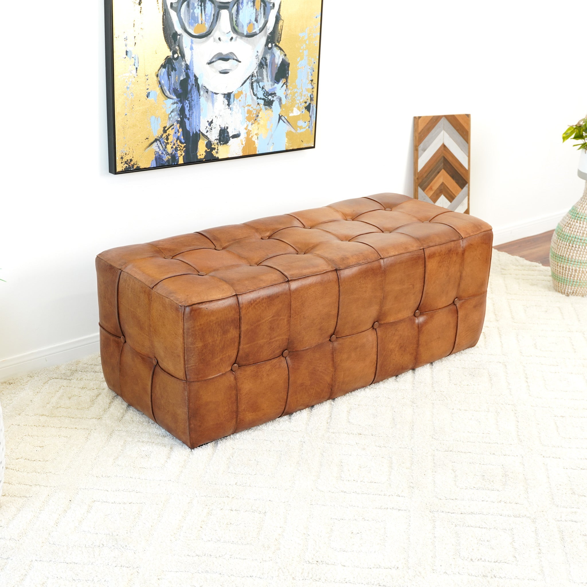 Bunta Tan Genuine Leather Tufted Bench