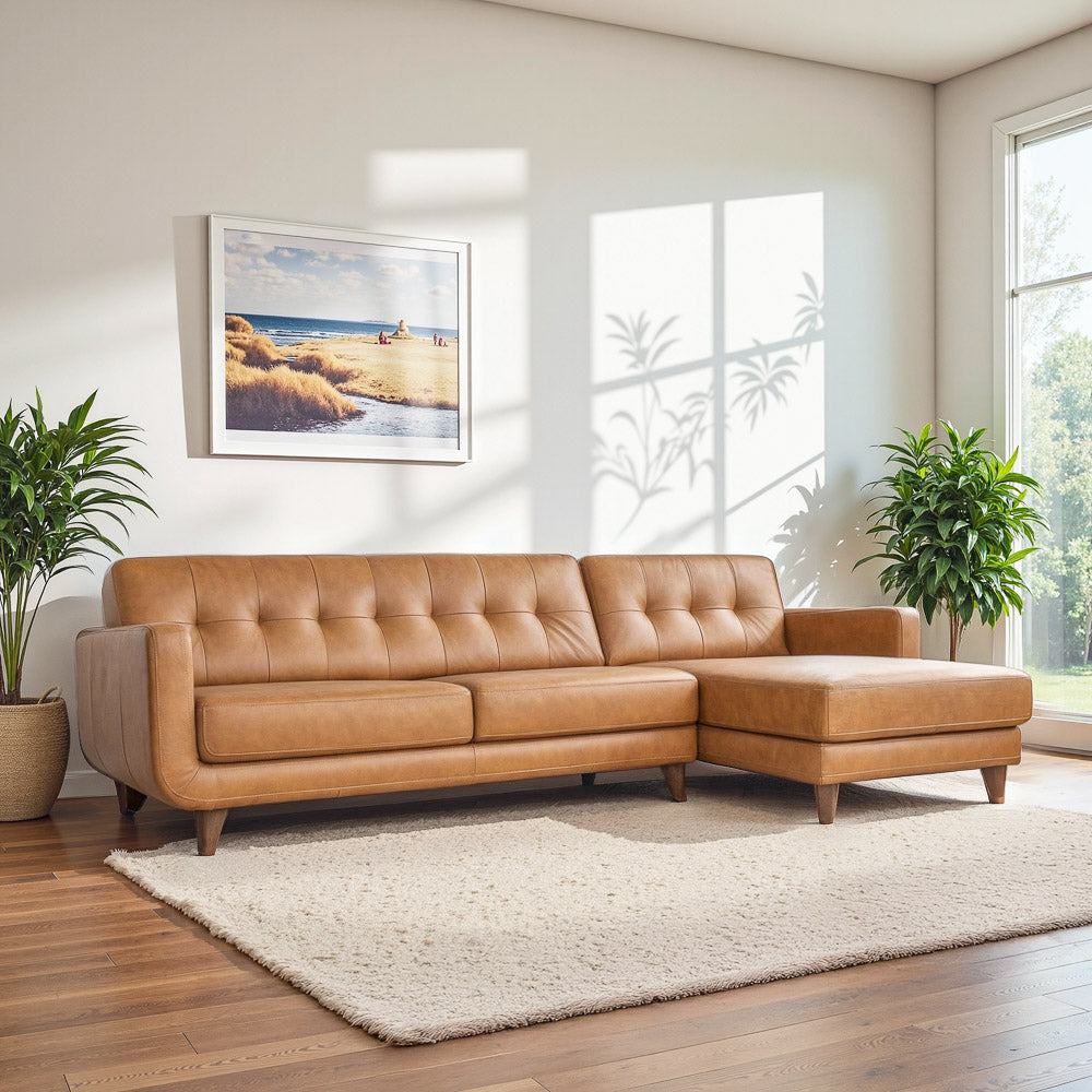 Cassie Tan Leather Sectional Sofa Right Facing Chaise