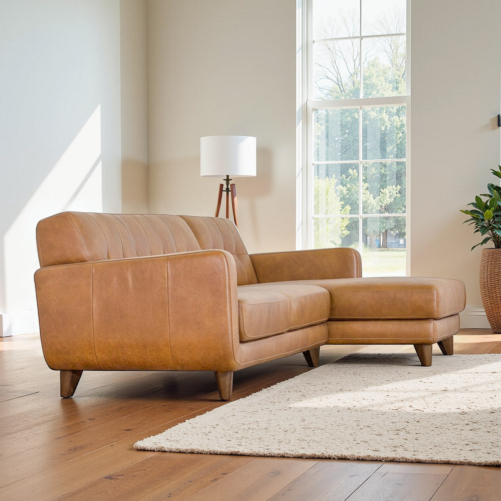 Cassie Tan Leather Sectional Sofa Right Facing Chaise