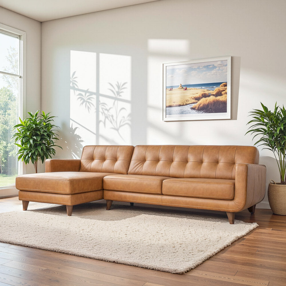 Cassie Tan Leather Sectional Sofa Left Facing Chaise