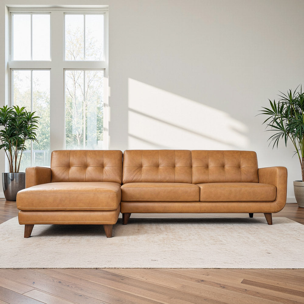 Cassie Tan Leather Sectional Sofa Left Facing Chaise