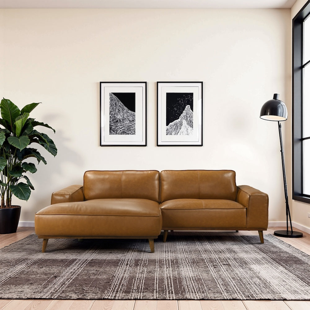 Clifton Tan Leather Sectional Sofa Left Facing Chaise