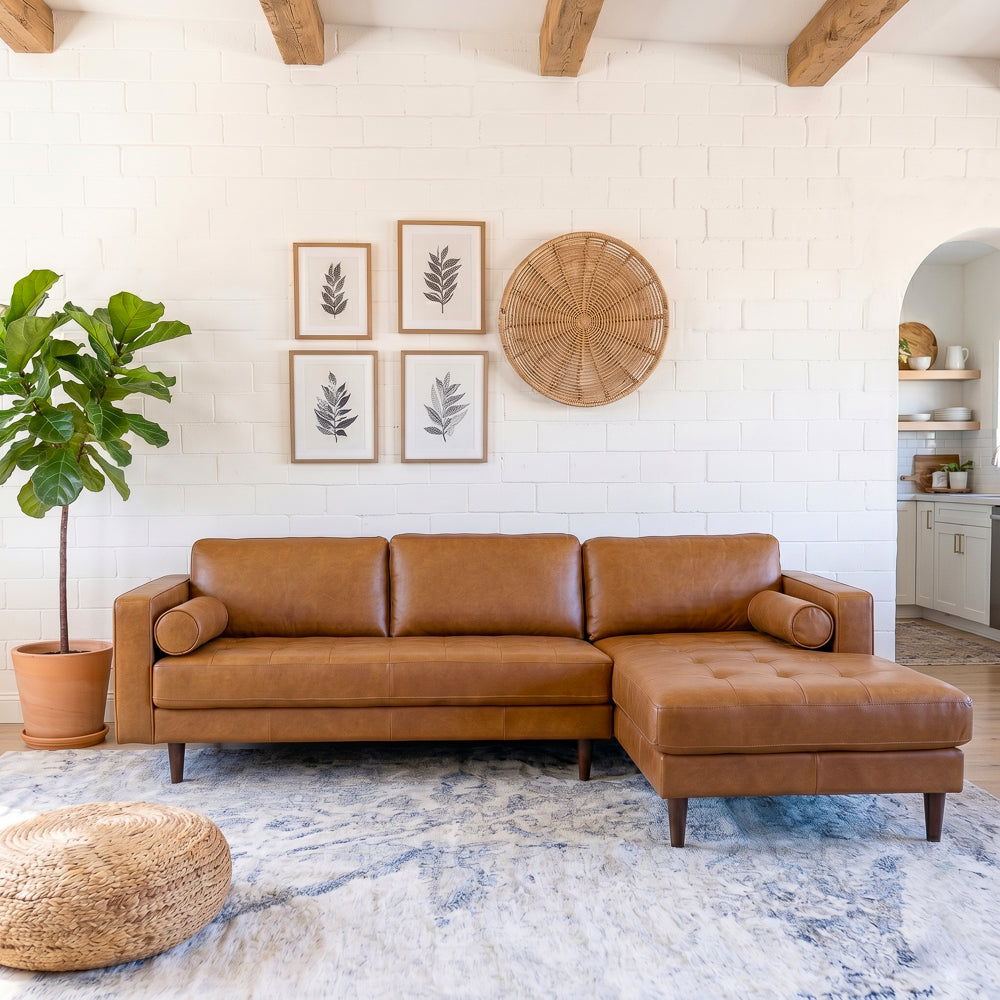 Daphne Tan Leather L Shape Corner Sofa Right Facing Chaise