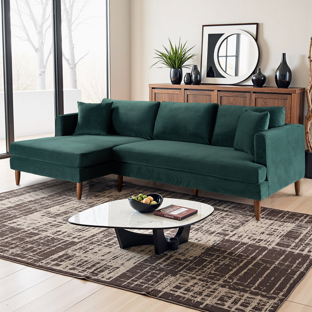 Delano Dark Green Velvet Sectional Sofa Left Facing Chaise