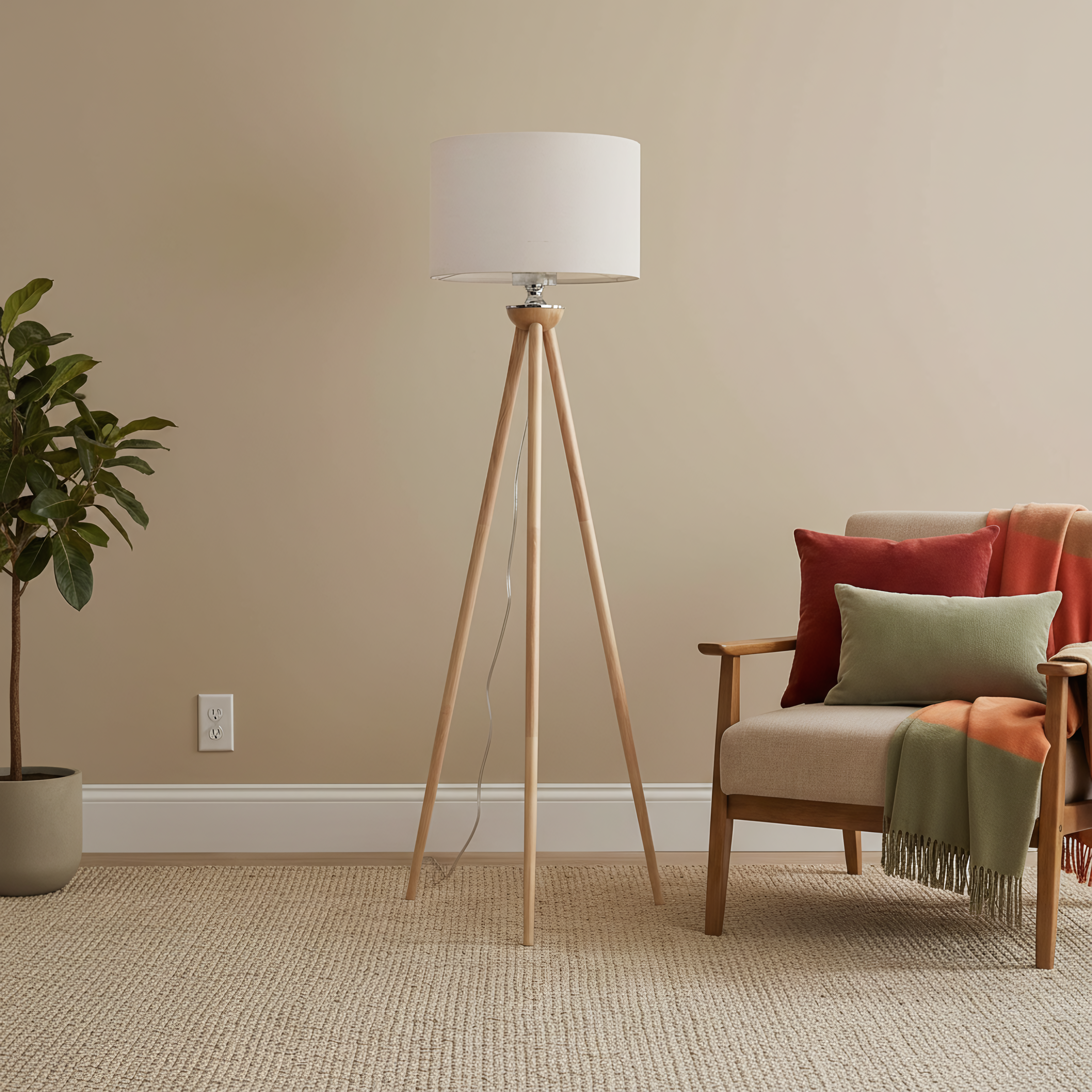 Eclipse Three Legged Wooden Strip Floor Lamp - Natural