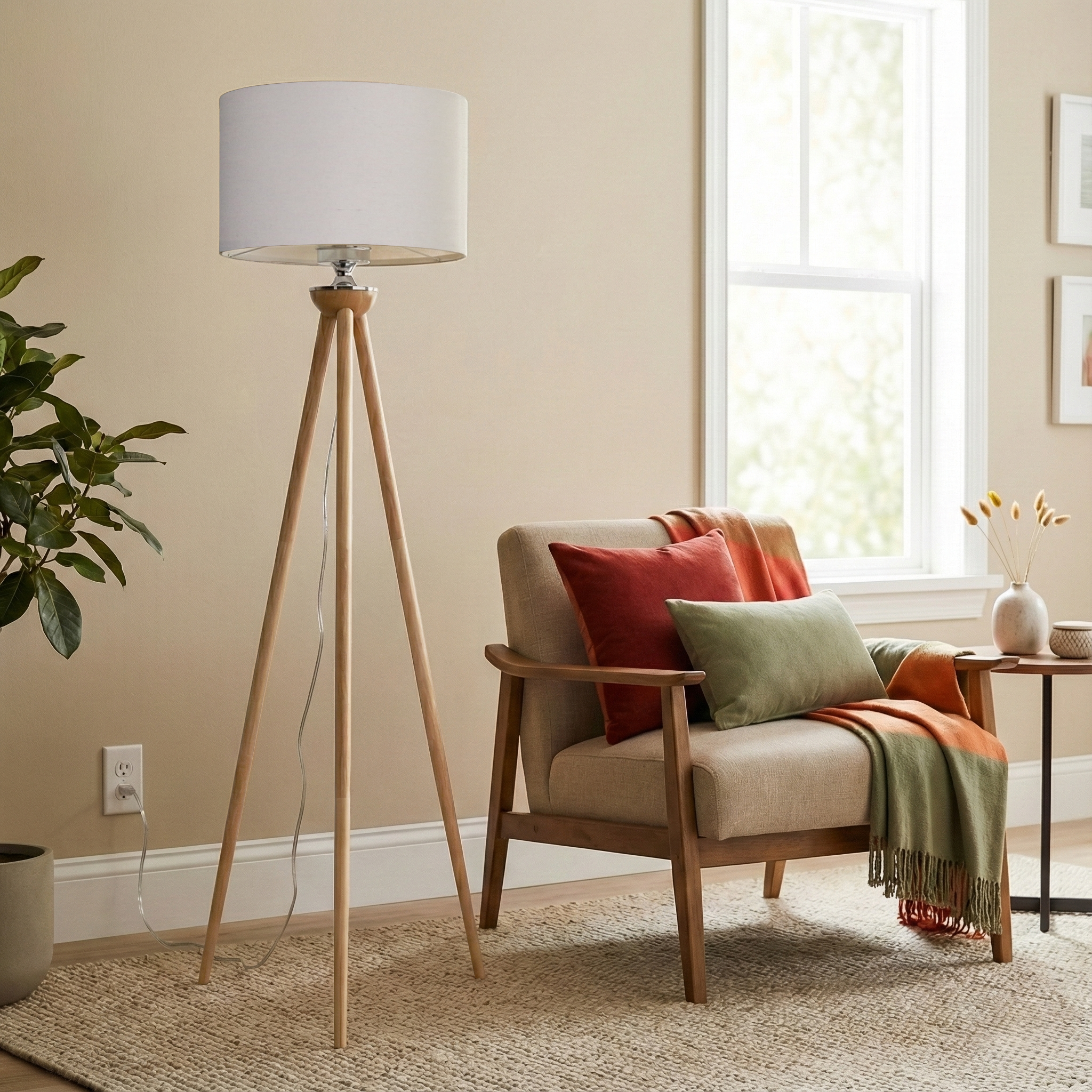 Eclipse Three Legged Wooden Strip Floor Lamp - Natural