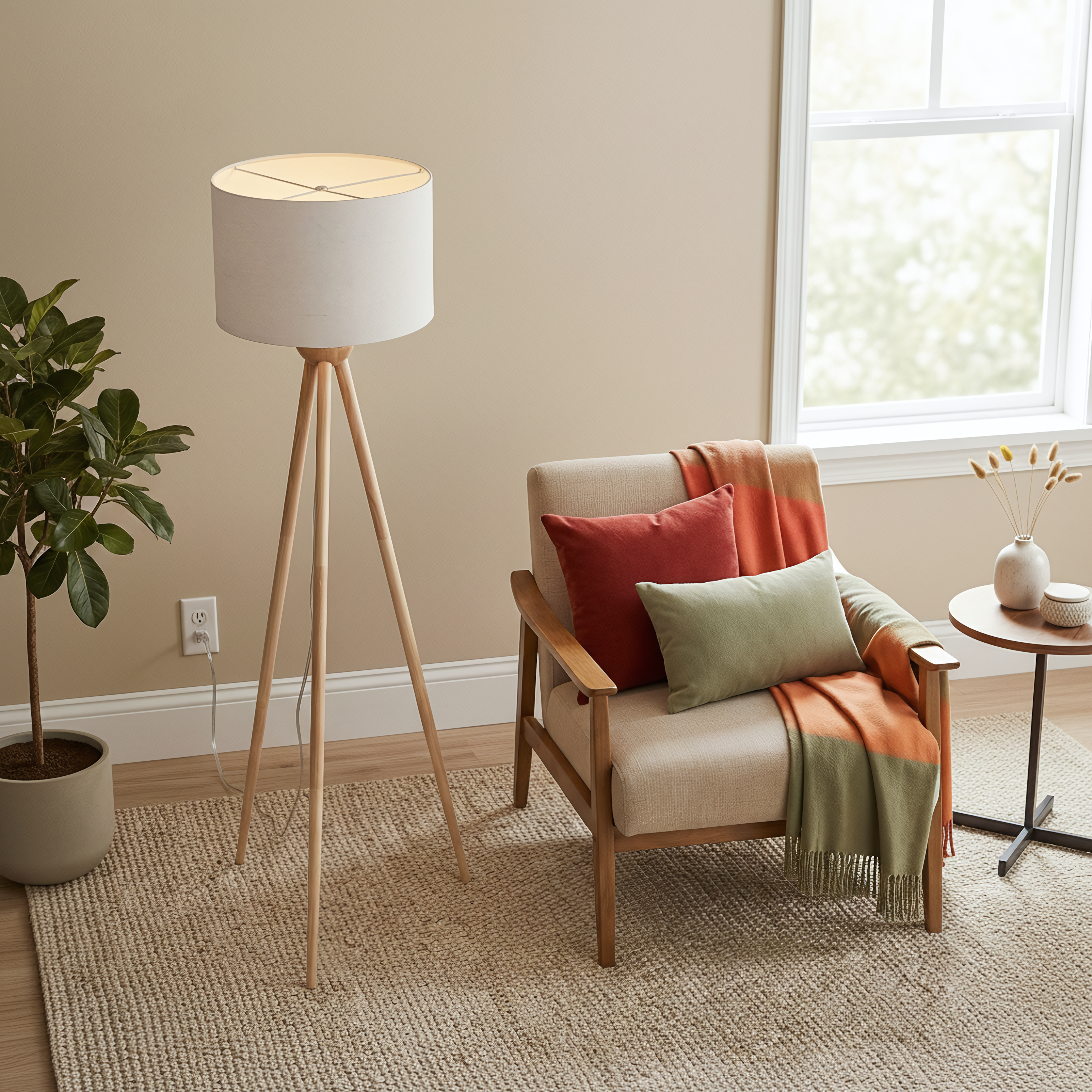 Eclipse Three Legged Wooden Strip Floor Lamp - Natural