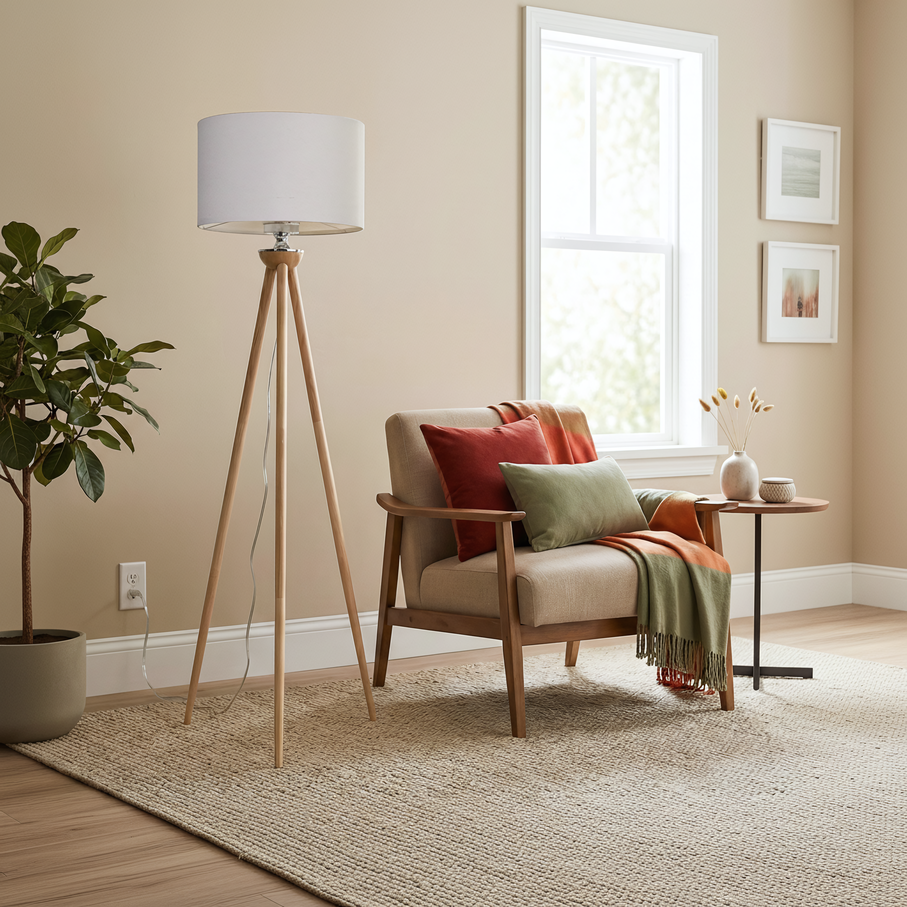 Eclipse Three Legged Wooden Strip Floor Lamp - Natural