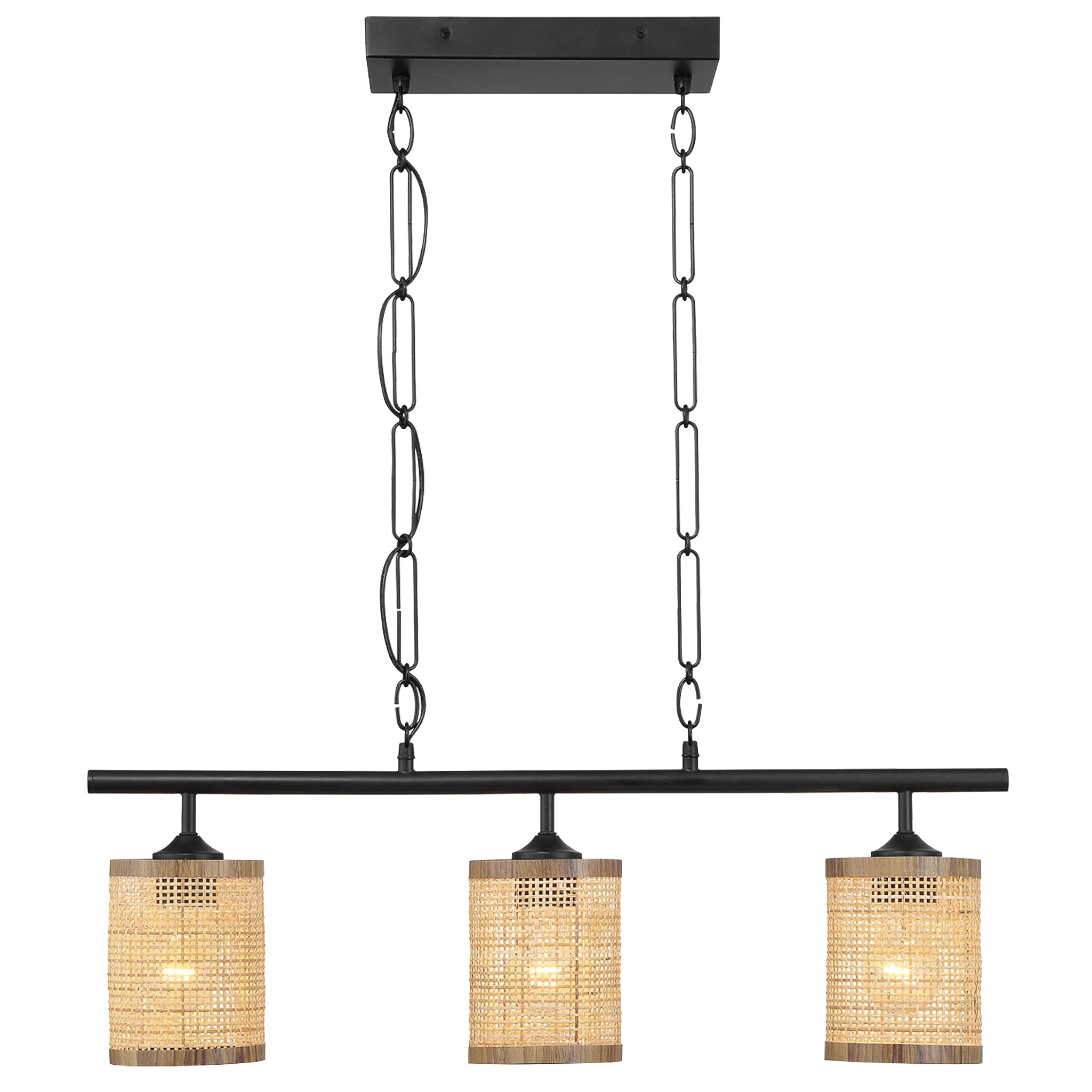 Elysian Three Lights Island With Natural Rattan Shade Farmhouse Chain Ceiling Lamp