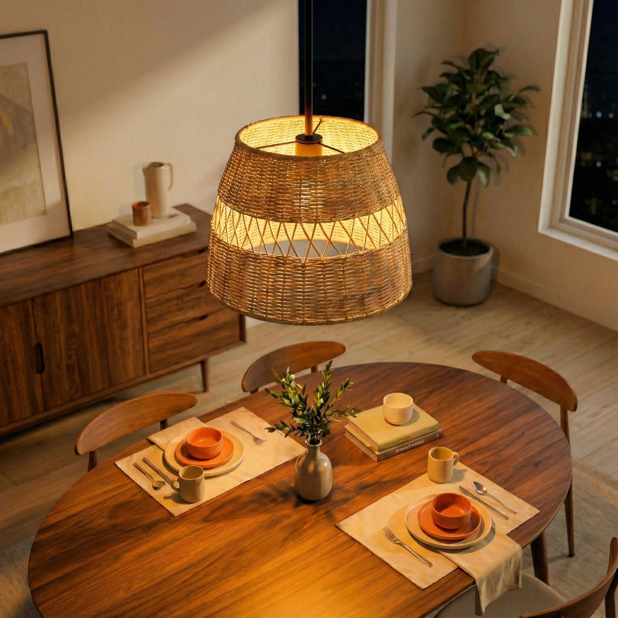 Essence Single Lights Pendant With Rattan Shade Black Metal Finish for Farmhouse Style