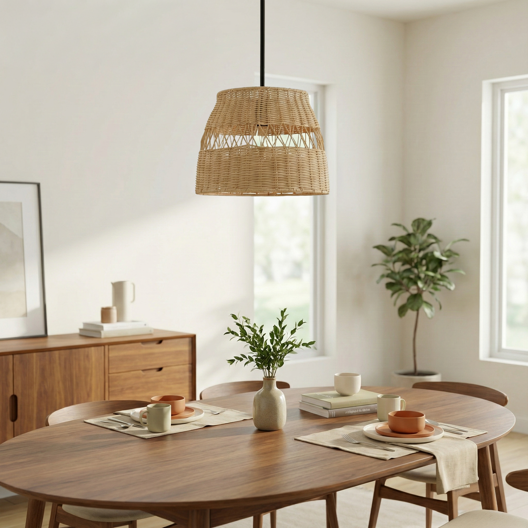 Essence Single Lights Pendant With Rattan Shade Black Metal Finish for Farmhouse Style