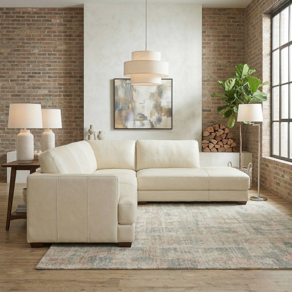 Glendale Cream Real Leather Right Sectional Sofa