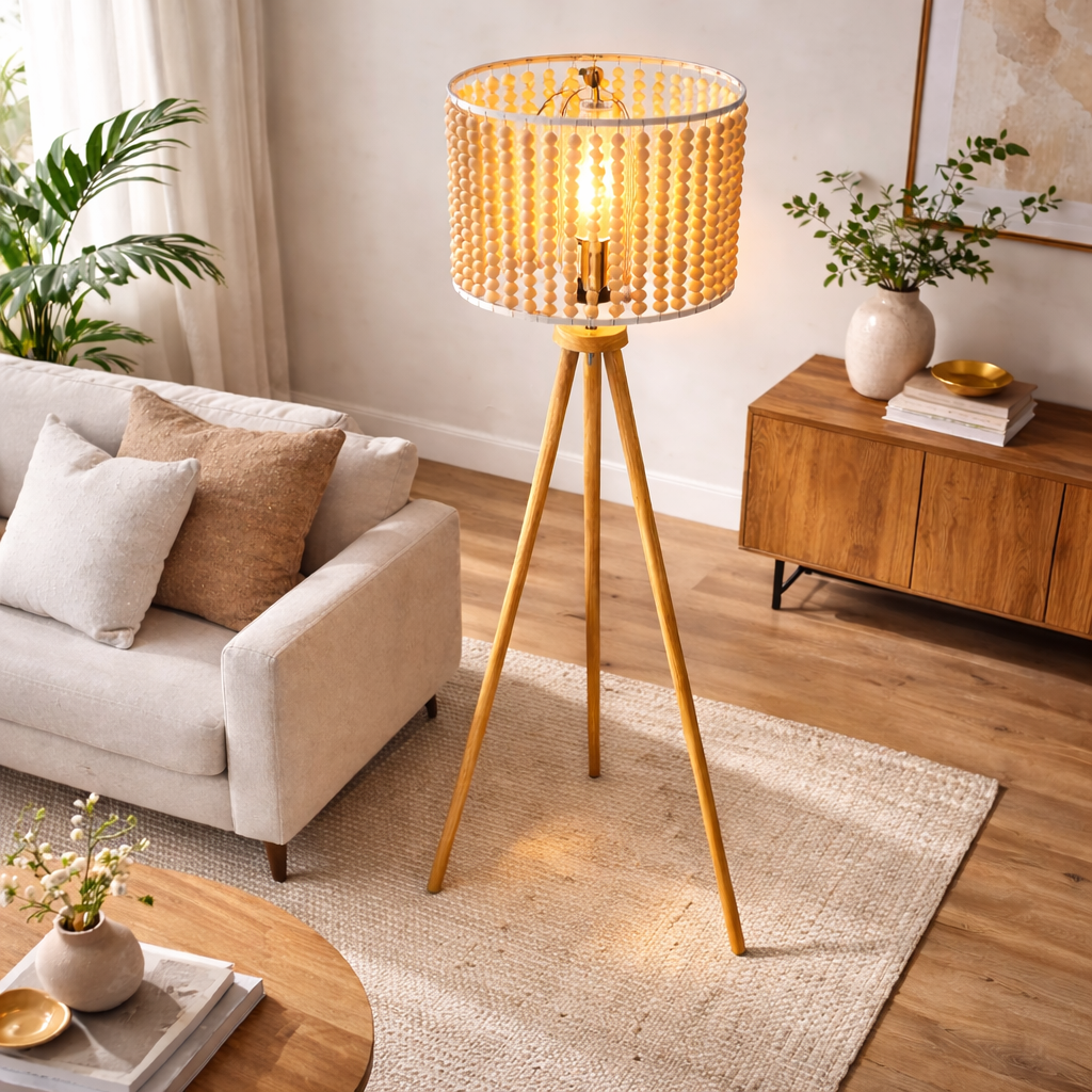 Halo Organic Bead Three Legged Floor Lamp - Natural