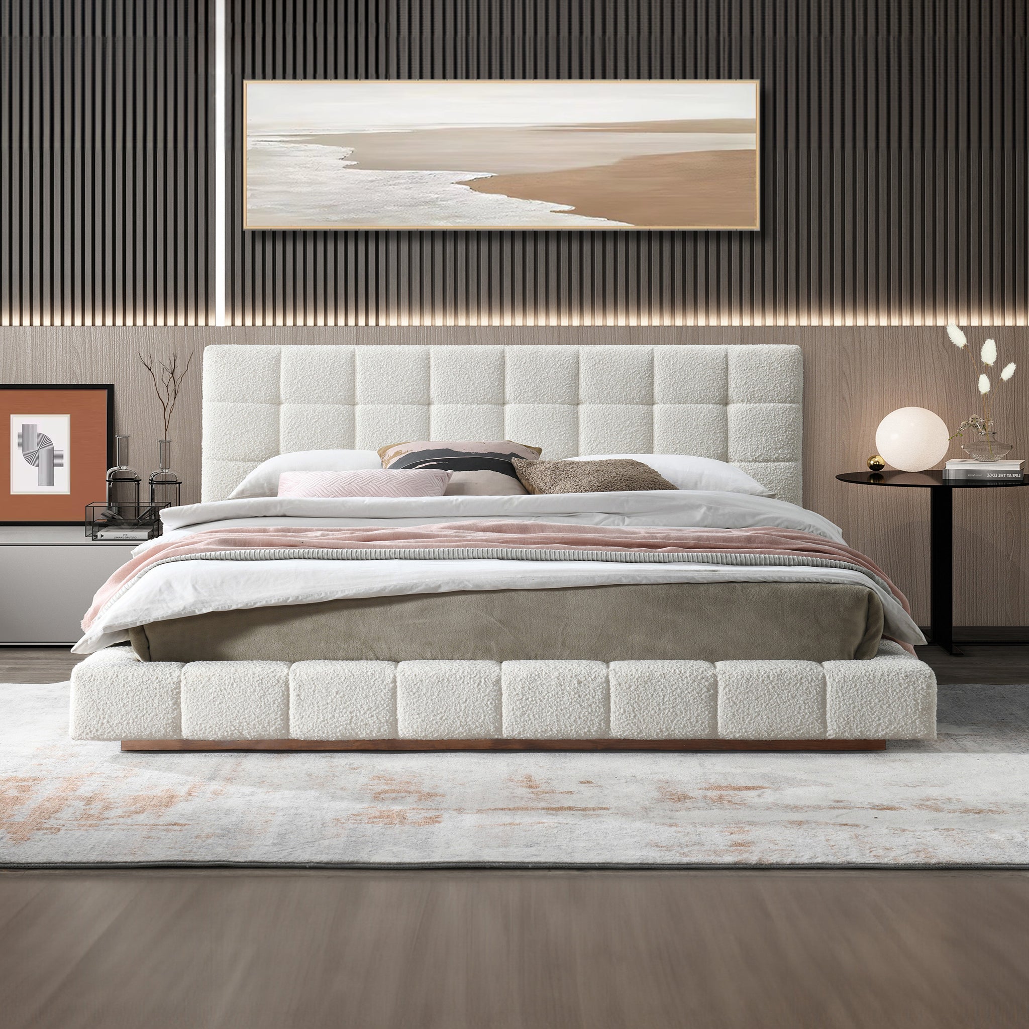 Hughes King Ivory Boucle Platform Bed