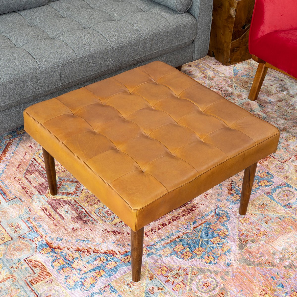 Katy Antique Tan Leather Ottoman w/o Buttons
