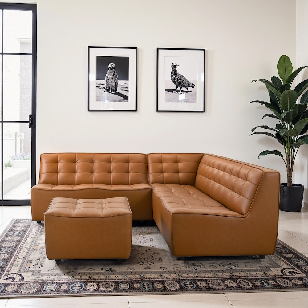 Linden Cognac Vegan Leather Corner Sectional Sofa