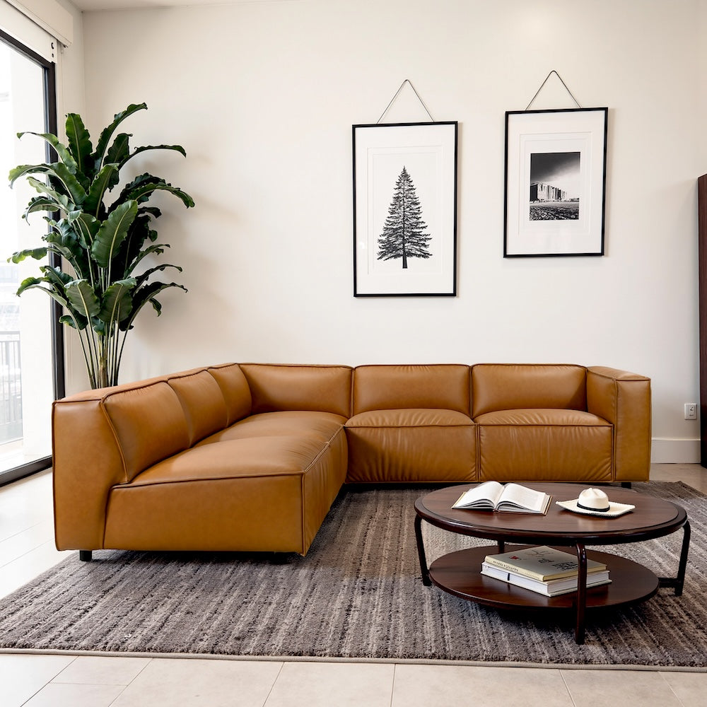 Logan Cognac Vegan Leather Corner Sectional Sofa