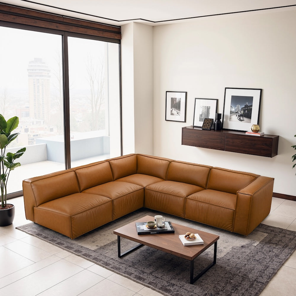 Logan Cognac Vegan Leather Corner Sectional Sofa