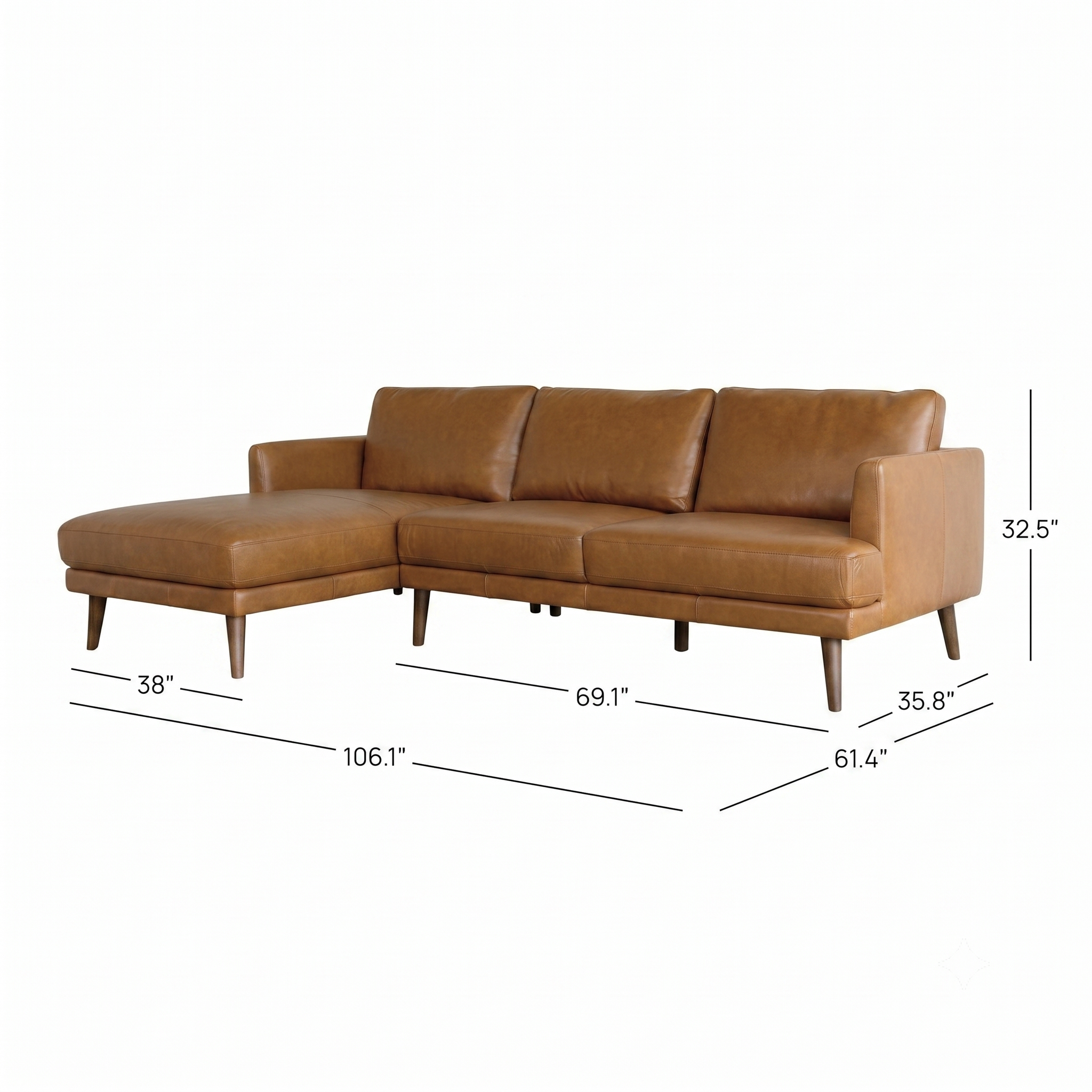 Lorena Tan Leather L Shape Corner Sofa Left Facing Chaise