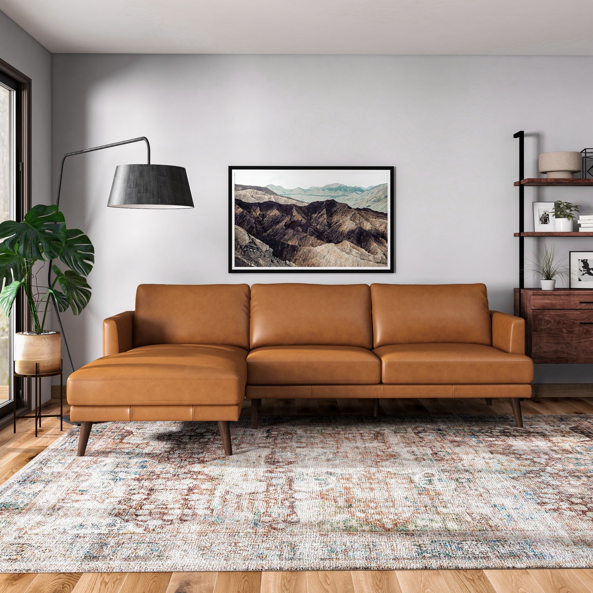 Lorena Tan Leather L Shape Corner Sofa Left Facing Chaise