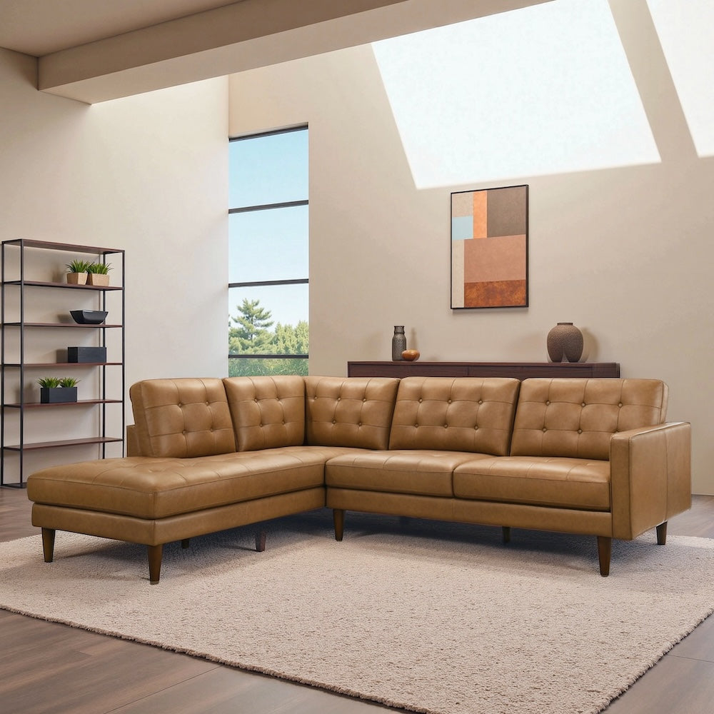 Lugano L-Shaped Genuine Tan Leather Left-Facing Sectional Sofa