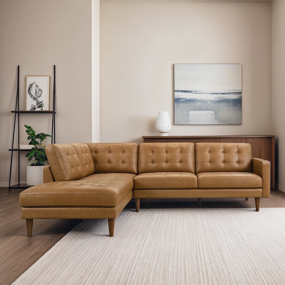 Lugano L-Shaped Genuine Tan Leather Left-Facing Sectional Sofa