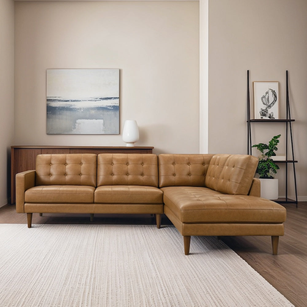 Lugano L-Shaped Genuine Tan Leather Right-Facing Sectional Sofa