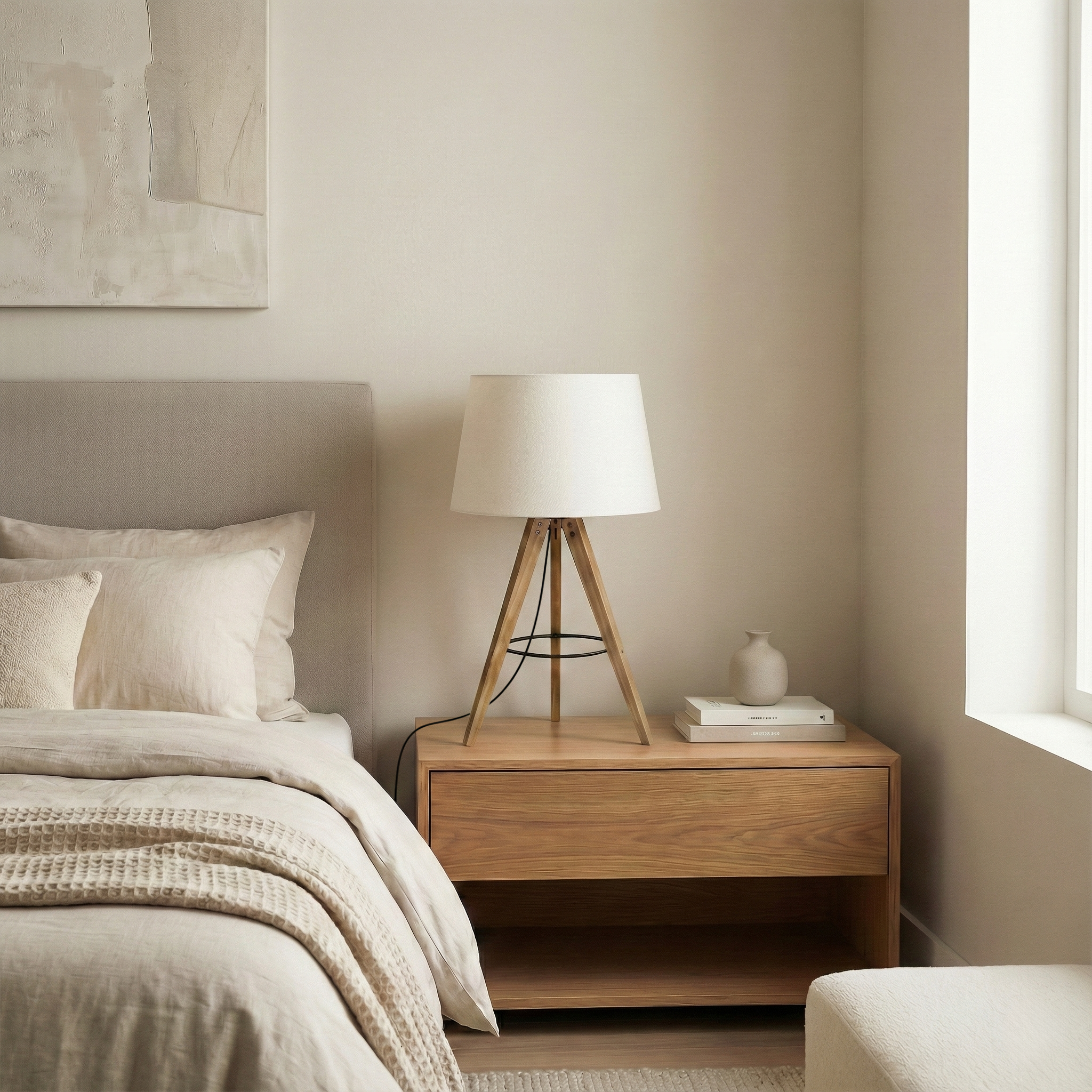 Lyra Three Legged Nightstand and Modern Table Lamp