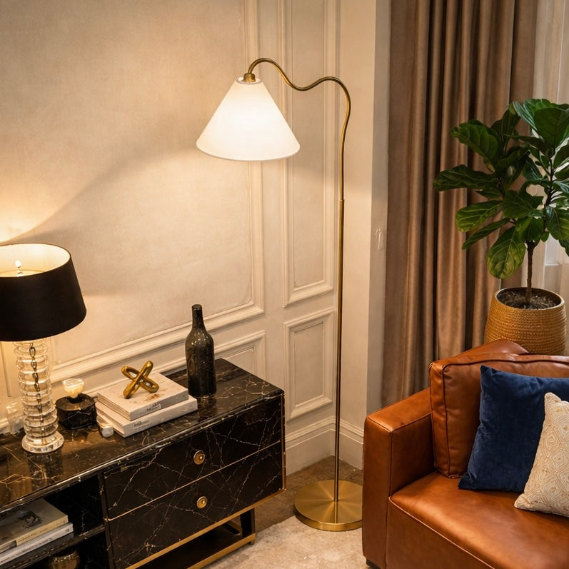 Majestic Brass Ring Base Floor Lamp with Triangle White Drum Shade
