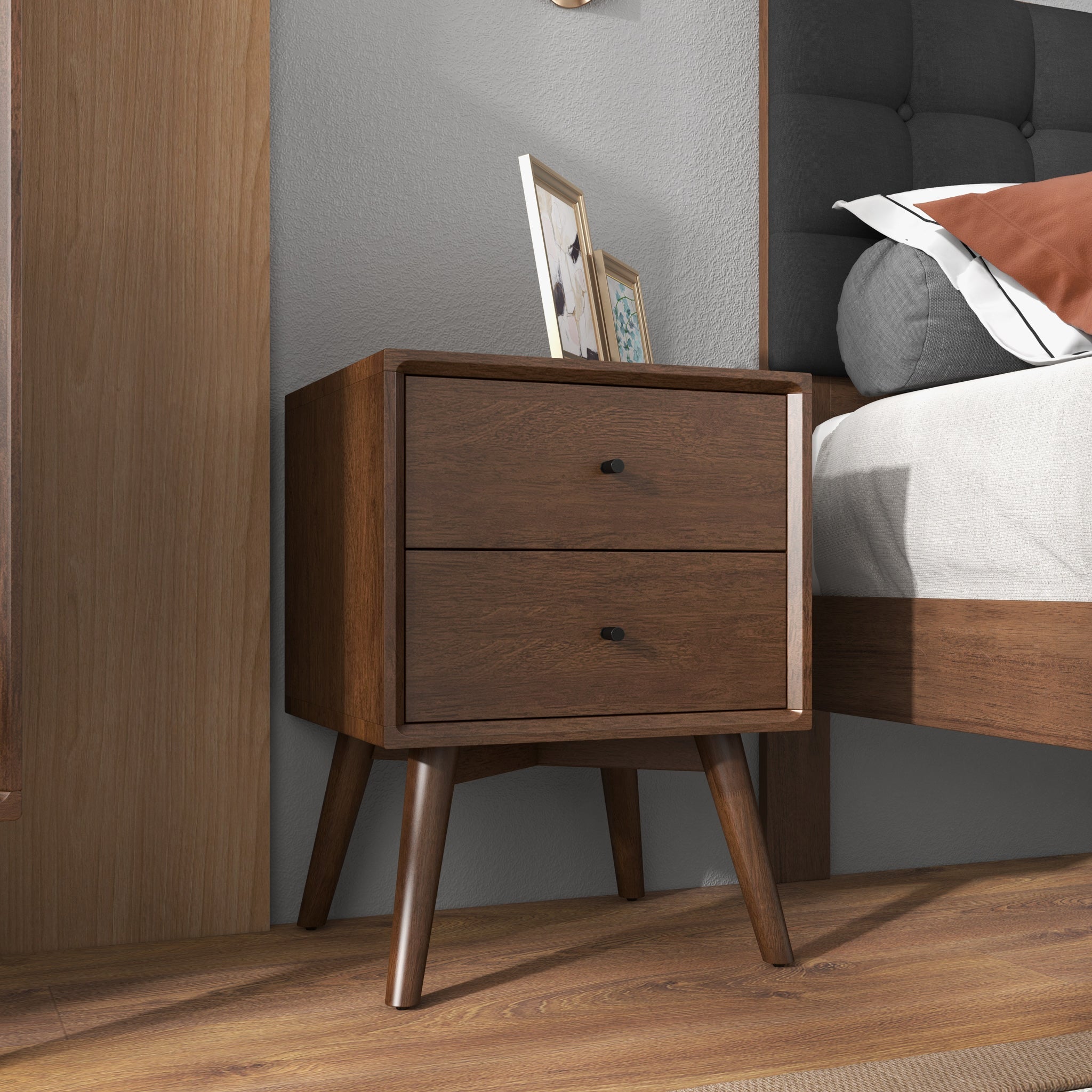 Noak Mid Century Modern Style Nightstand Walnut 2-Drawers