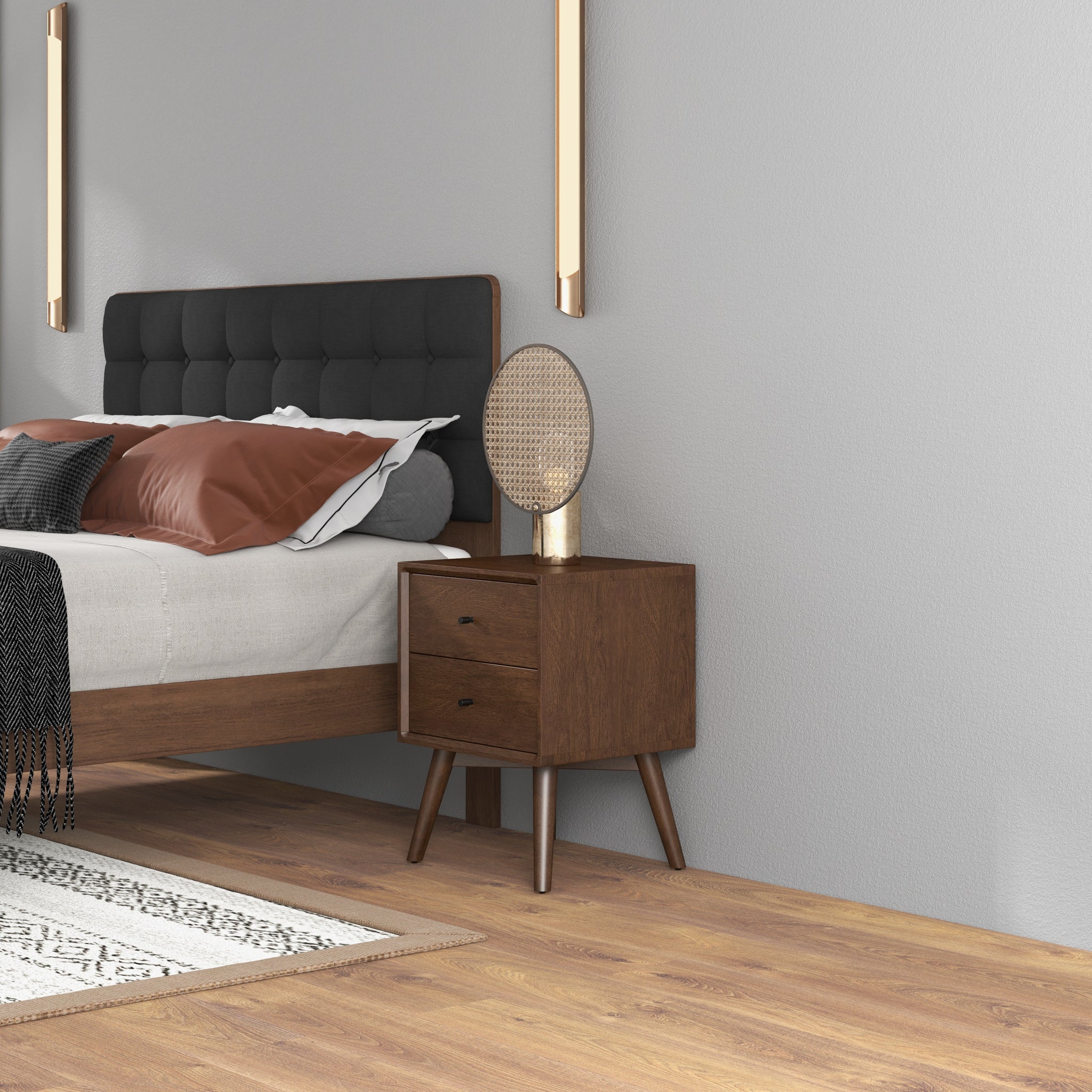 Noak Mid Century Modern Style Nightstand Walnut 2-Drawers