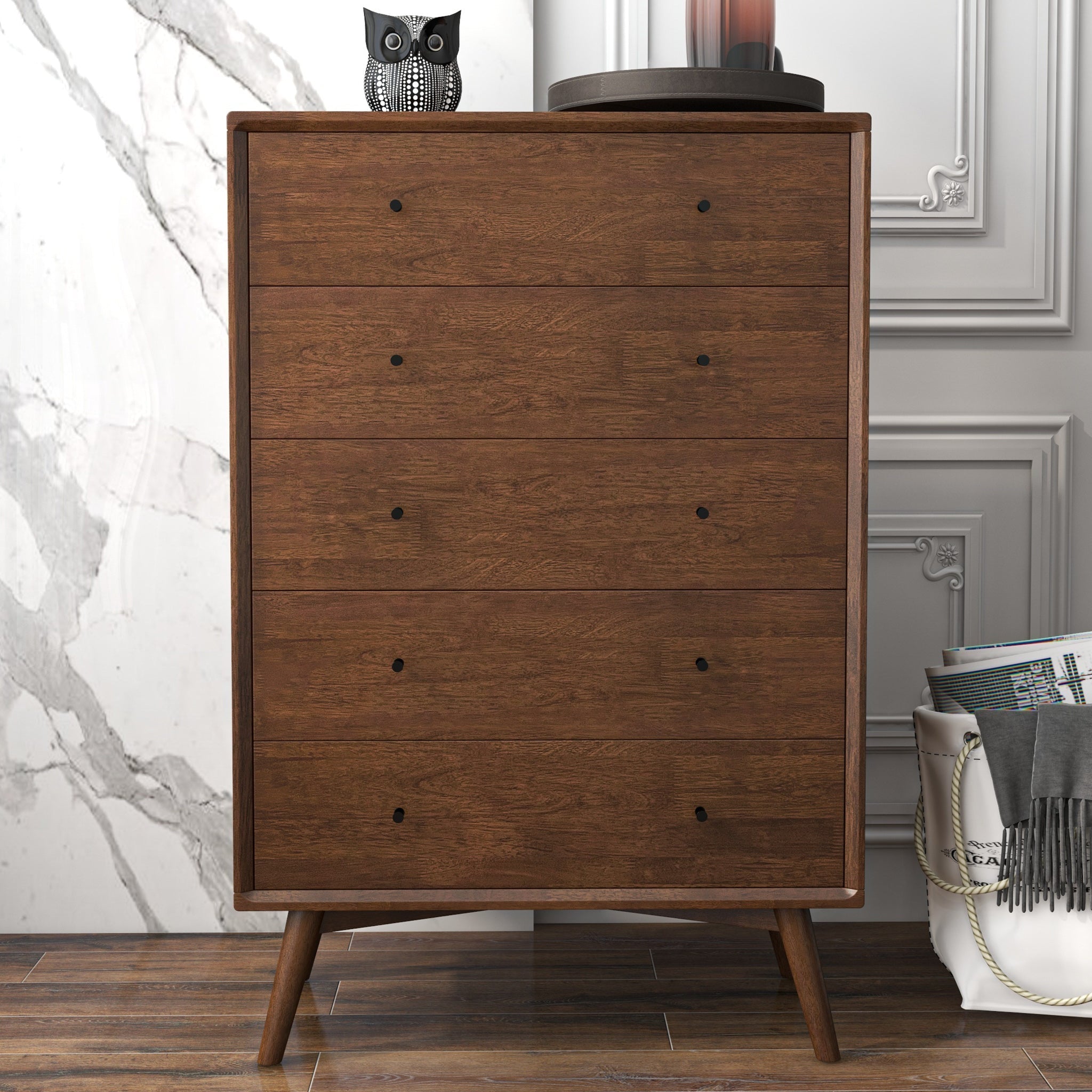 Noak Mid-Century Modern Walnut Dresser with 5 Drawers