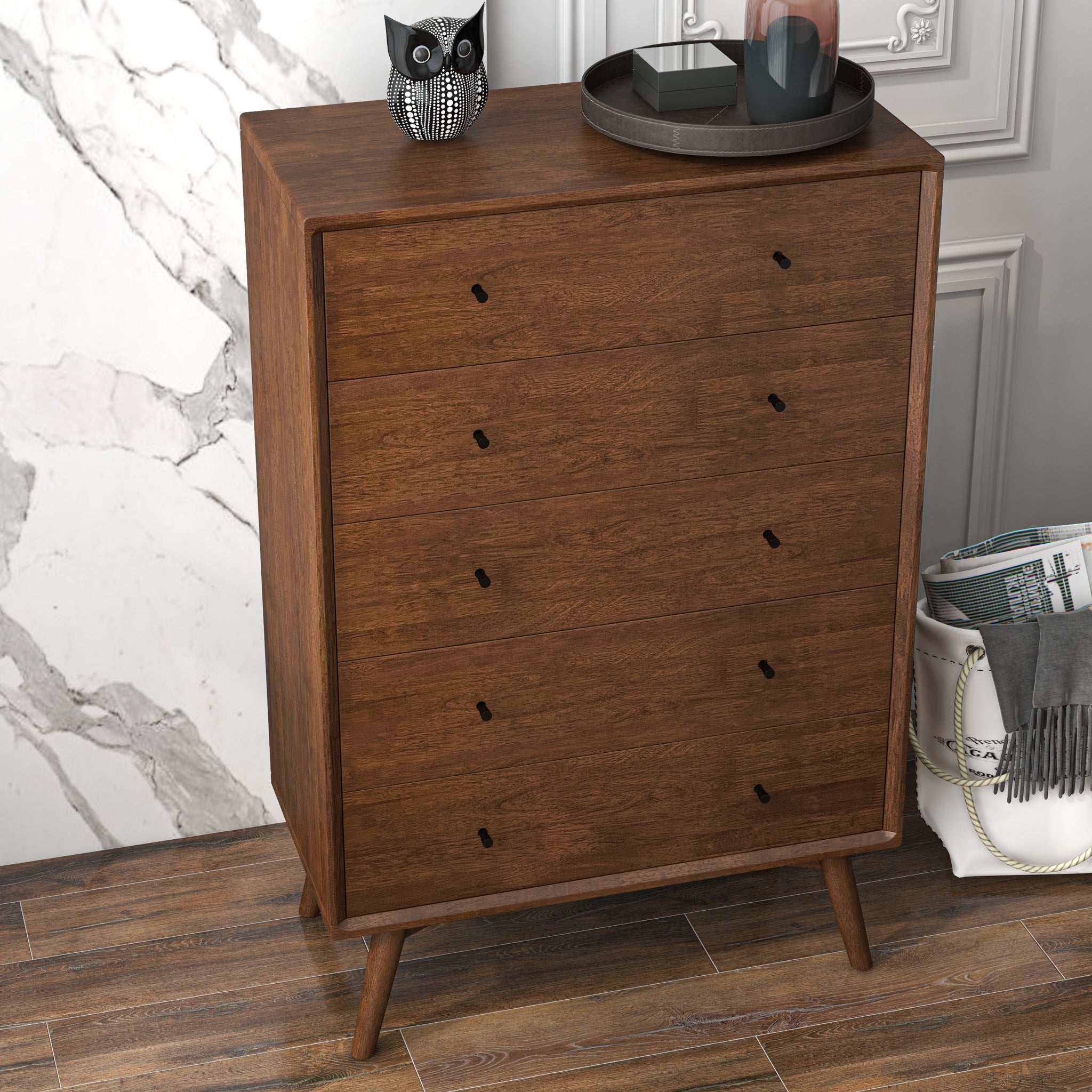 Noak Mid-Century Modern Walnut Dresser with 5 Drawers