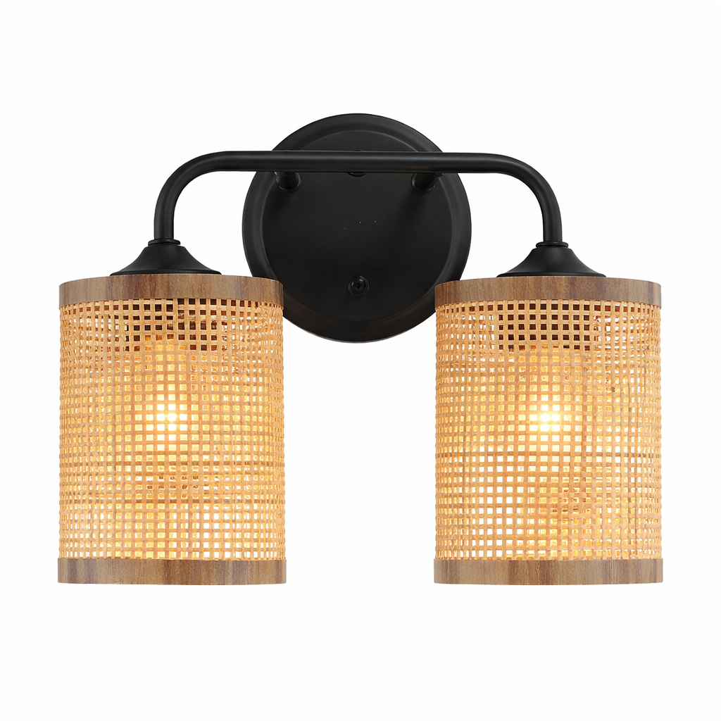 Quell Double Light Vanity With Natural Rattan Shade Wall Lamp