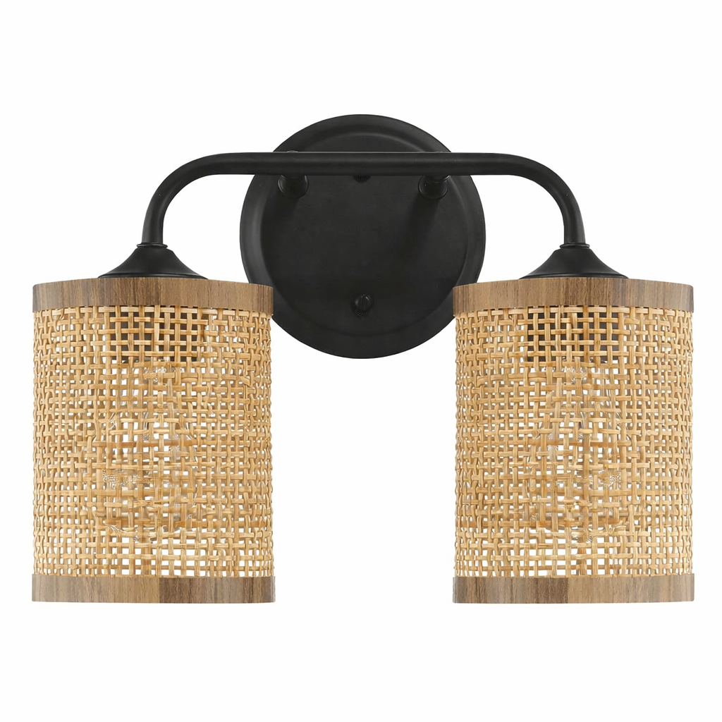 Quell Double Light Vanity With Natural Rattan Shade Wall Lamp