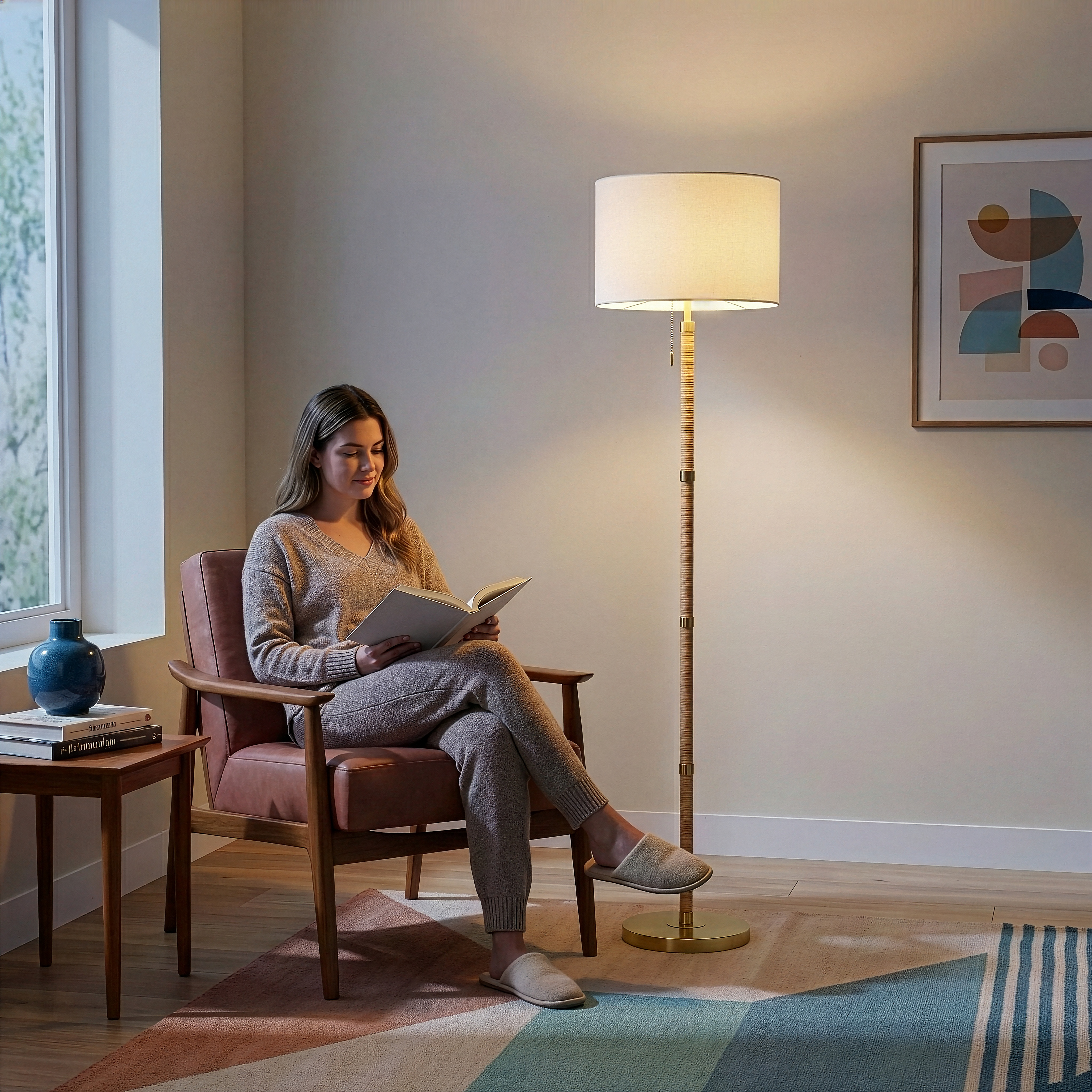 Stellar Wood Rattan Tube Floor Lamp