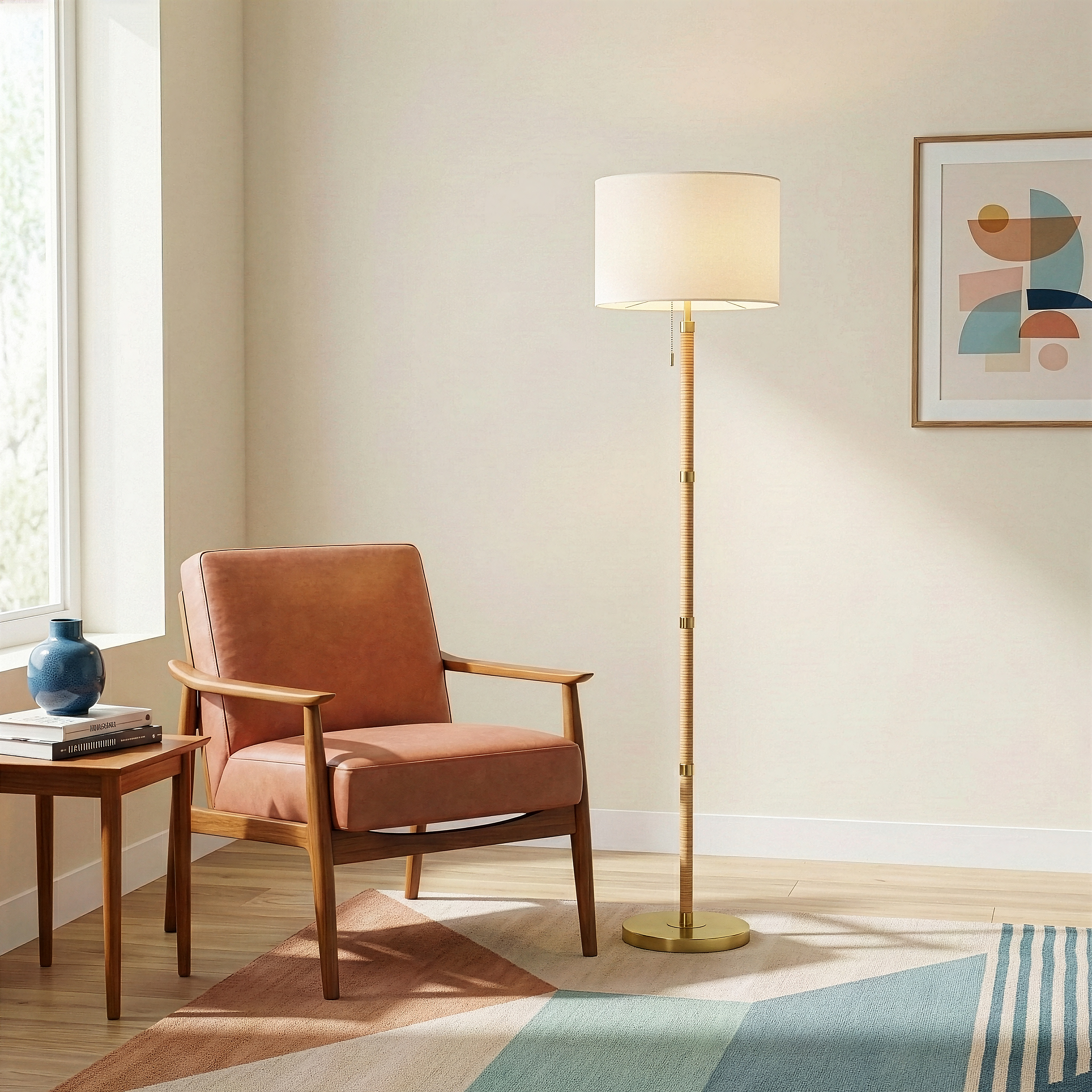 Stellar Wood Rattan Tube Floor Lamp