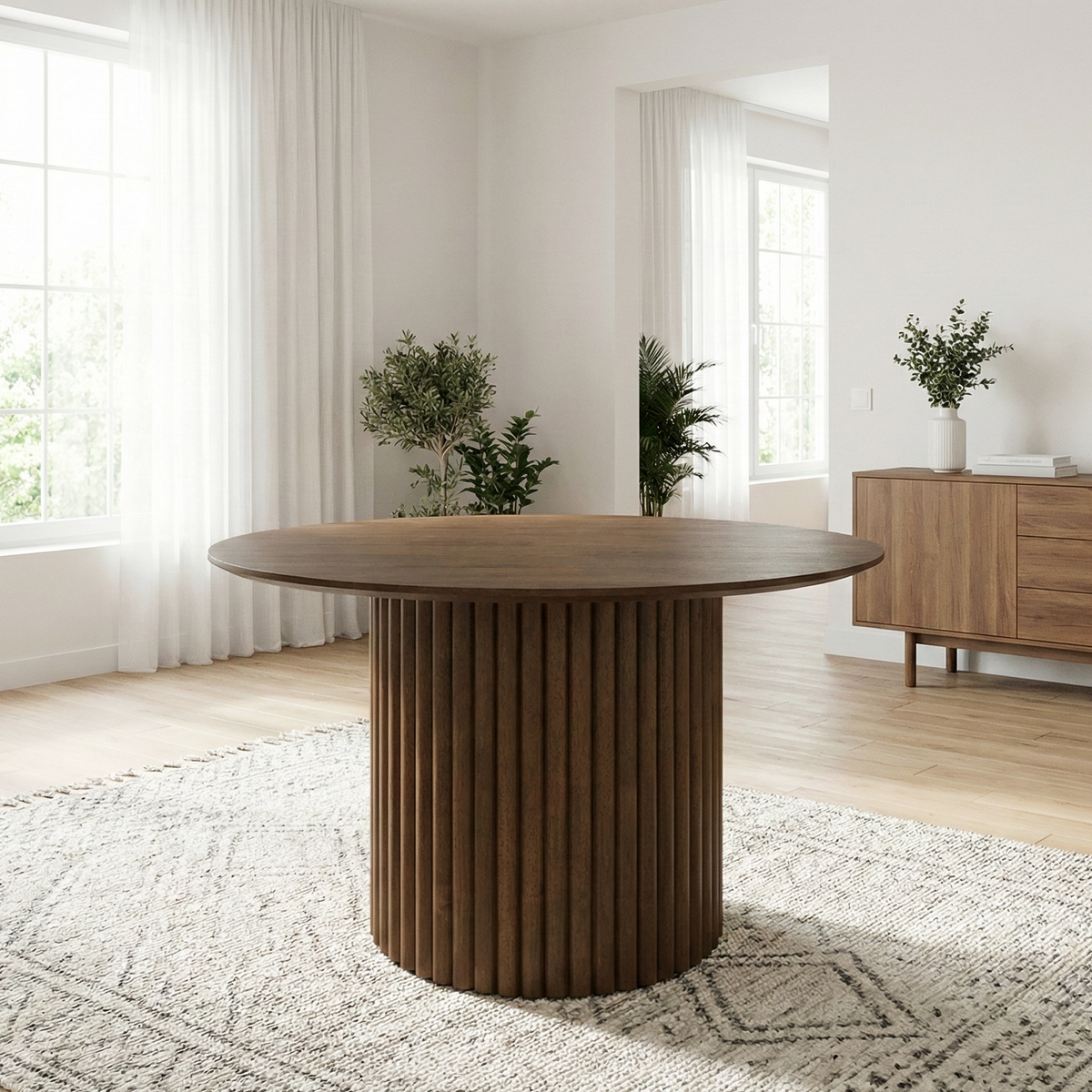 Arthur Solid Wood Round Dining Table with Ribbed Pedestal Base – Walnut Finish | New York Modern Furniture
