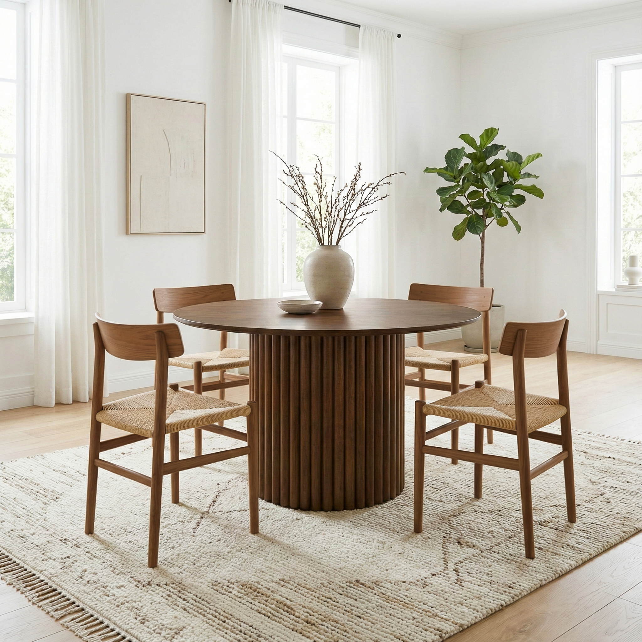 Arthur Solid Wood Round Dining Table with Ribbed Pedestal Base – Walnut Finish | New York Modern Furniture
