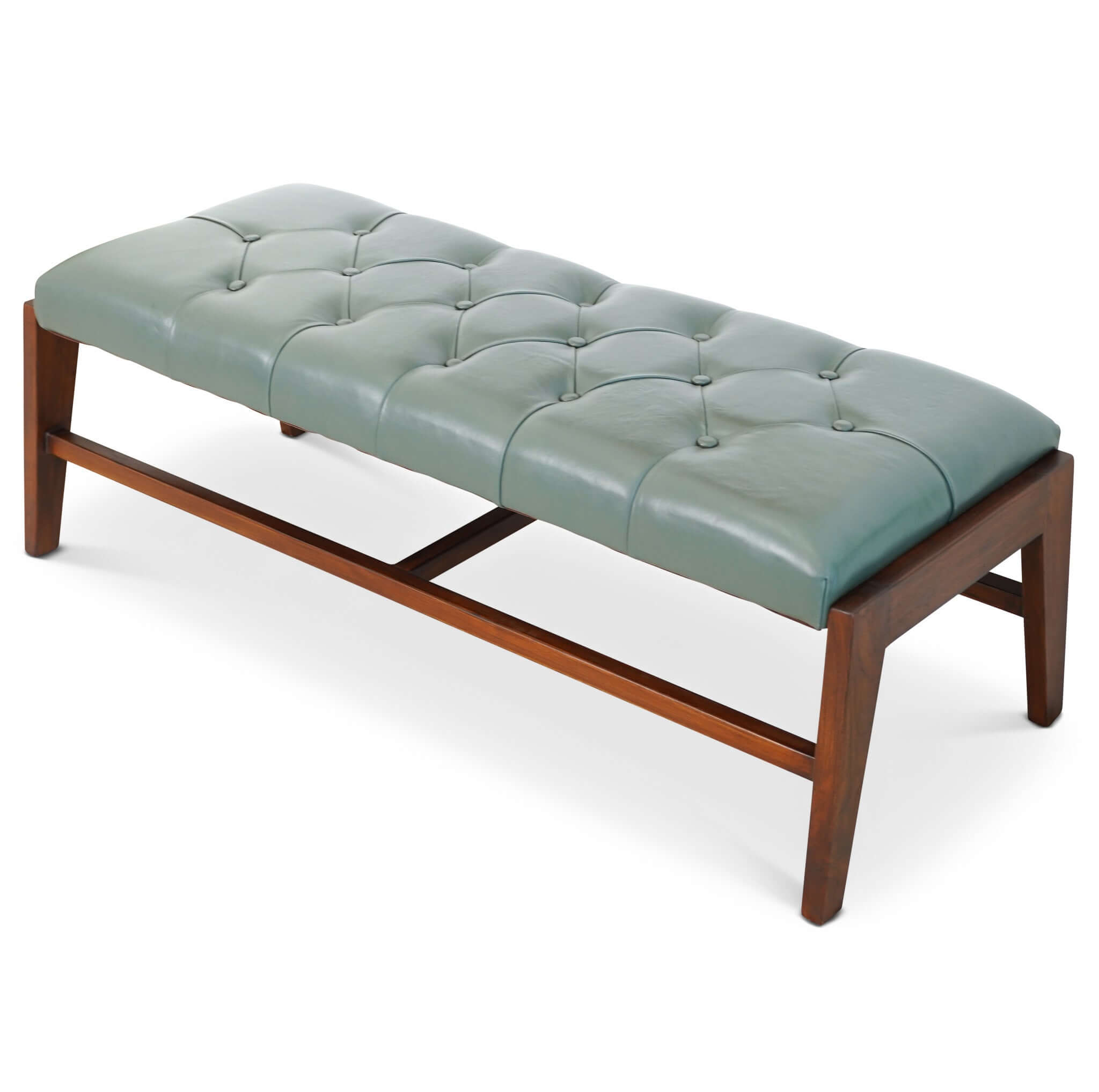 A green leather bench with button detailing, set on a solid walnut wood frame.