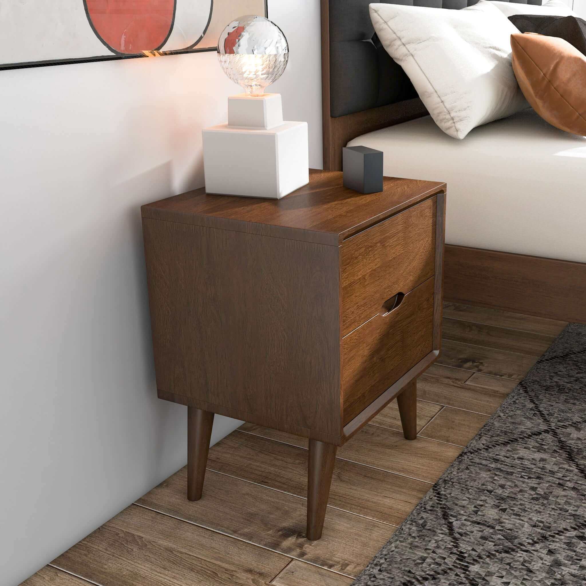 A brown walnut nightstand with two drawers and beveled edges, featuring a modern design with splayed legs.